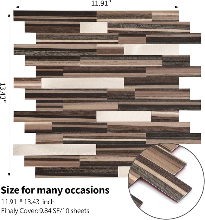 Yipscazo 10 Sheets Peel and Stick Stone Metal Tile Backsplash, Stick on Tiles for Backsplash Kitchen, Bathroom, Laundry Room, Camper, Fireplace (12'' X 12'', Brown Wood)