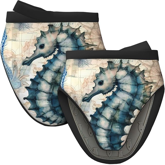 2 Pcs Mini Silicone Oven Mitts Ocean Seahorse Heat Resistant Grill Gloves with Hanging Loop, Sea Starfish Map Short Kitchen Mittens for Cooking Baking BBQ