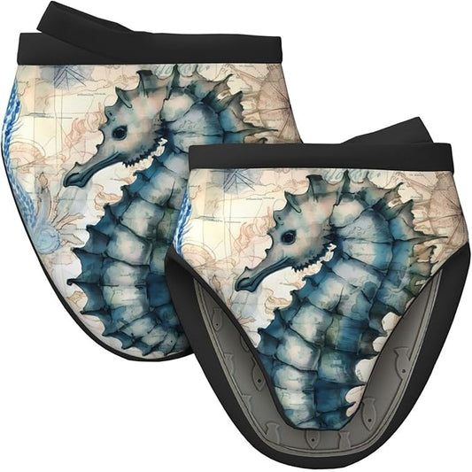 2 Pcs Mini Silicone Oven Mitts Ocean Seahorse Heat Resistant Grill Gloves with Hanging Loop, Sea Starfish Map Short Kitchen Mittens for Cooking Baking BBQ