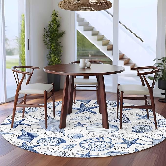 Washable Round Area Rug Navy Blue Starfish Conch Shell Seamless Circle Rugs Floor Carpet for Living Room Bedroom, Summer Ocean Bubbles Soft Non Slip Round Rug 5ft