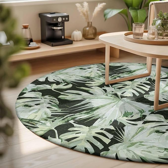 Washable Round Area Rug Abstract Dark Green Palm Leaves Circle Rugs Floor Carpet for Living Room Bedroom, Watercolor Plants Soft Non Slip Round Rug 3ft