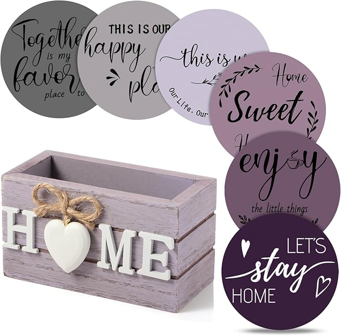 Queekay Coasters Set of 6 House Warming Gifts New Home Wooden Farmhouse Drink Coasters with Holder 4'' Funny Decoration for Kitchen Family Coffee Bar Tabletop Protection(Purple)