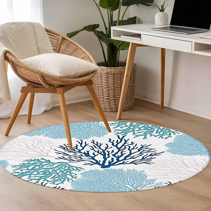 Washable Round Area Rug Classic Sea Blue Coral Circle Rugs Floor Carpet for Living Room Bedroom, Abstract Marine Life Scenery Soft Non Slip Round Rug 3ft