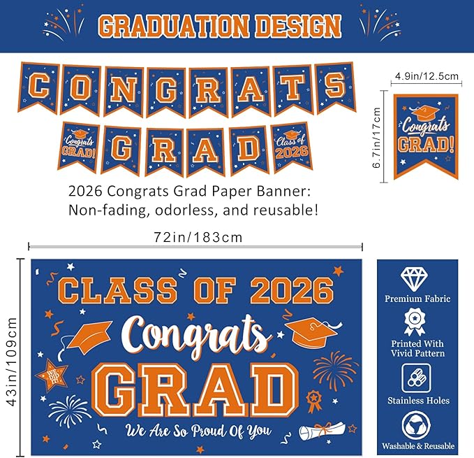 Graduation Blue and Orange Decorations 2026 Include Grad Backdrop, Banner, Hanging Swirls, Porch Sign, Balloons for Congrats Grad Party Decorations