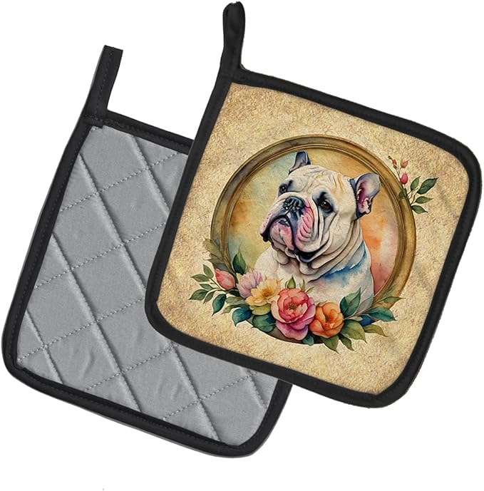 Caroline's Treasures English Bulldog and Flowers Pair of Pot Holders Kitchen Heat Resistant Pot Holders Sets Oven Hot Pads for Cooking Baking BBQ, 7 1/2 x 7 1/2