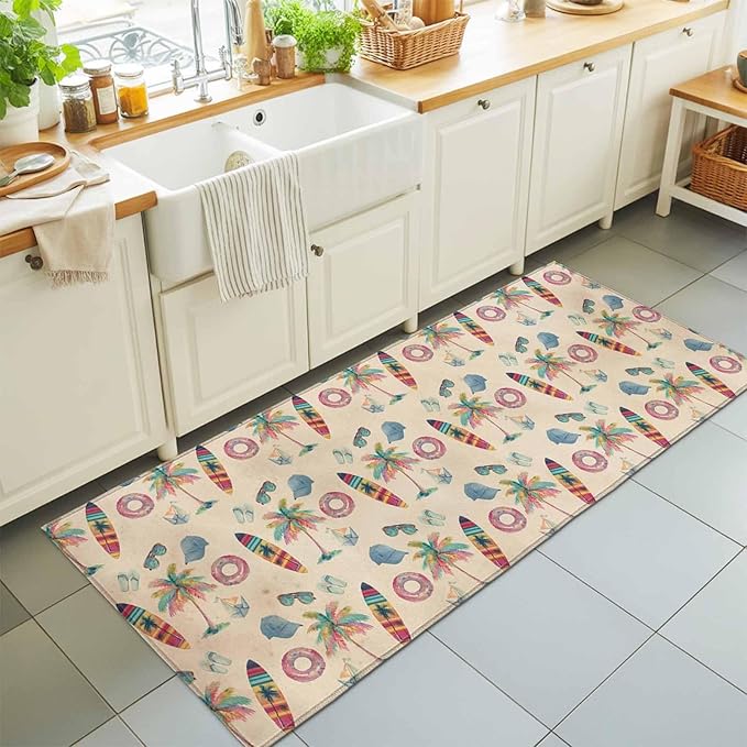 Runner Rug for Bedroom Hallway, Summer Surfboard Coconut Tree Kitchen Runner Rugs Area Rug 2x6ft, Coastal Vintage Plants Washable Soft Floor Carpet for Entryway Stair