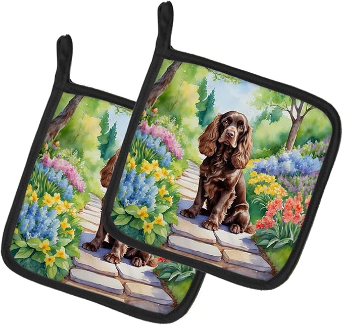 Caroline's Treasures Cocker Spaniel Spring Path Pair of Pot Holders Kitchen Heat Resistant Pot Holders Sets Oven Hot Pads for Cooking Baking BBQ, 7 1/2 x 7 1/2