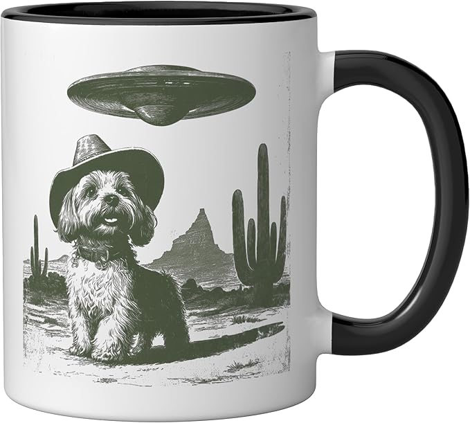 Retro Cowboy Dog UFO Desert Landscape Art Ceramic Mug, Black/White