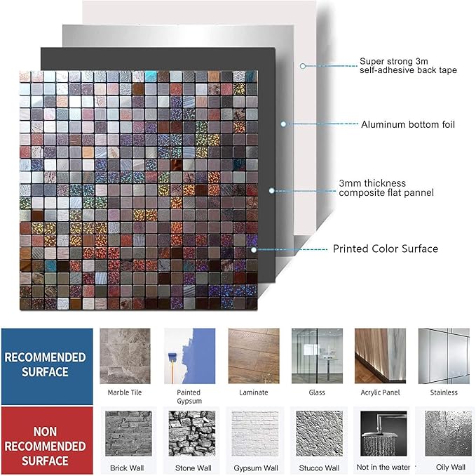 10 Sheets Peel and Stick Backsplash Tile, Self-Adhesive Mosaic Tile, Stick on Kitchen, Bathroom Vanities, Fireplace Décor, Laundry Table (10, Mixed Bronze)