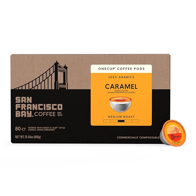 San Francisco Bay K-Cup Coffee Pods, Caramel (80 ct), Medium Roast, Commercially Compostable Single-Serve Flavored Coffee Pods