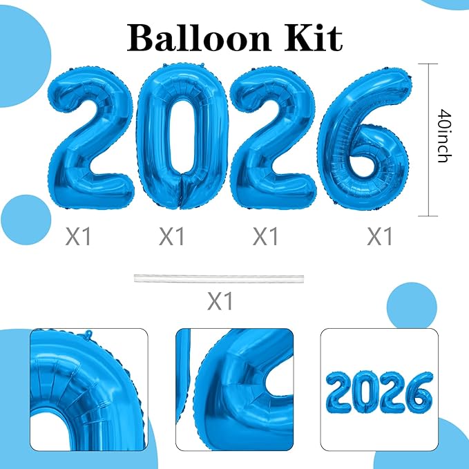 2026 Balloons, 40 inch 2026 Blue Number Balloons, 2026 Happy New Years Decorations, Large Foil Balloons Number for New Years Eve Party Supplies 2026, Class of 2026 Graduation Decorations