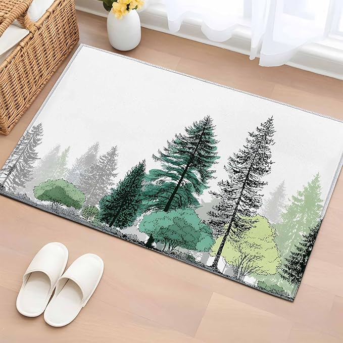 Area Rug 2x3ft, Minimalist Pine Tree Washable Rugs for Living Room Bedroom, Farmhouse Watercolor Plants Soft Non-Slip Area Rugs Rectangle Floor Carpet for Dining Room