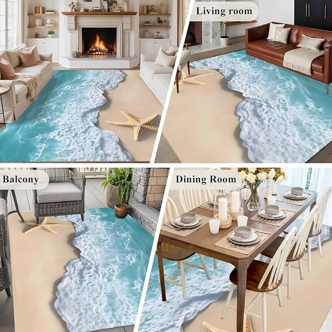 Area Rug 6x9ft, Beach Starfish Teal Sea Water Washable Rugs for Living Room Bedroom, Summer Ocean Theme Soft Non-Slip Area Rugs Rectangle Floor Carpet for Dining Room