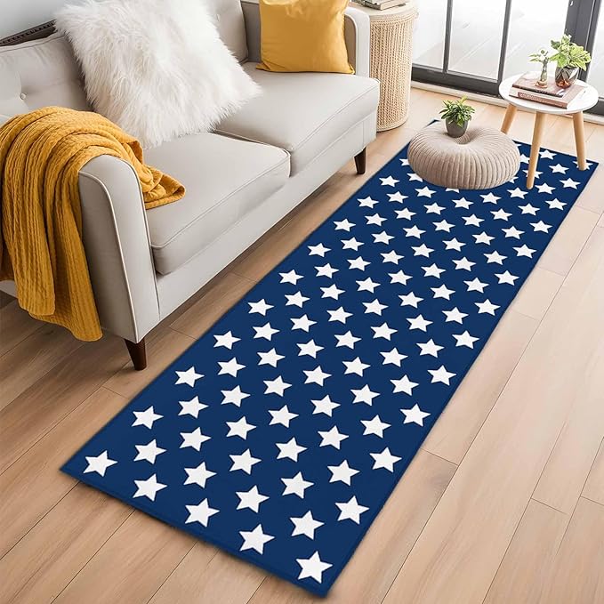 Runner Rug for Bedroom Hallway, 4th of July White Star on Navy Blue Kitchen Runner Rugs Area Rug 2x6ft, Independence Freedom Liberty Washable Soft Floor Carpet for Entryway Stair
