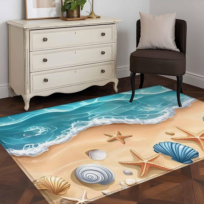 Area Rug 3x5ft, Summer Beach Shell Starfish Washable Rugs for Living Room Bedroom, Marine Life Cartoon Style Soft Non-Slip Area Rugs Rectangle Floor Carpet for Dining Room
