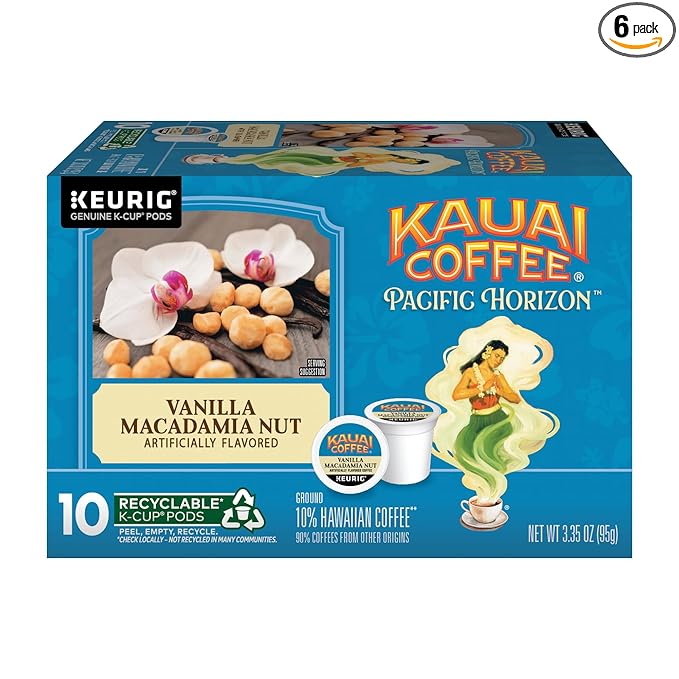 Kauai Coffee K-Cup Pods for Keurig Brewers – Arabica Coffee, 10% Hawaiian – Medium Roast, Vanilla Beans with Toasted Macabamia Nuts – Vanilla Macadamia Nut, 6 Packs of 10 Single Serve K-Cups