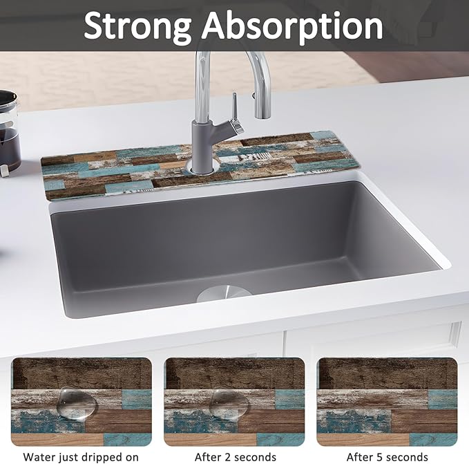 24" X 5.5" Kitchen Sink Splash Guard Faucet Mat Wood Grain Super Absorbent Fast Drying Faucet Guard & Draining Mat Sink Splash Guard Behind Faucet for Kitchen, Bathroom