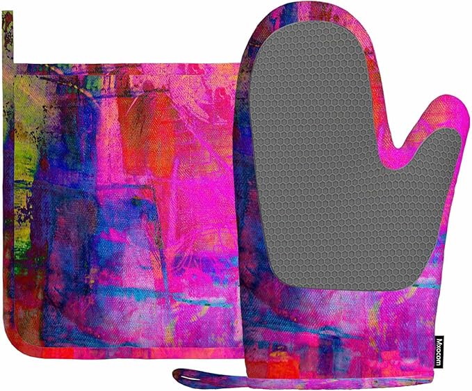 Mxocom Art Abstract Silicone Oven Mitts and Pot Holders Sets Bright Fuchsia Magenta Pink Red Yellow Green and Blue BBQ Gloves for Kitchen,Cooking,Baking,Grilling