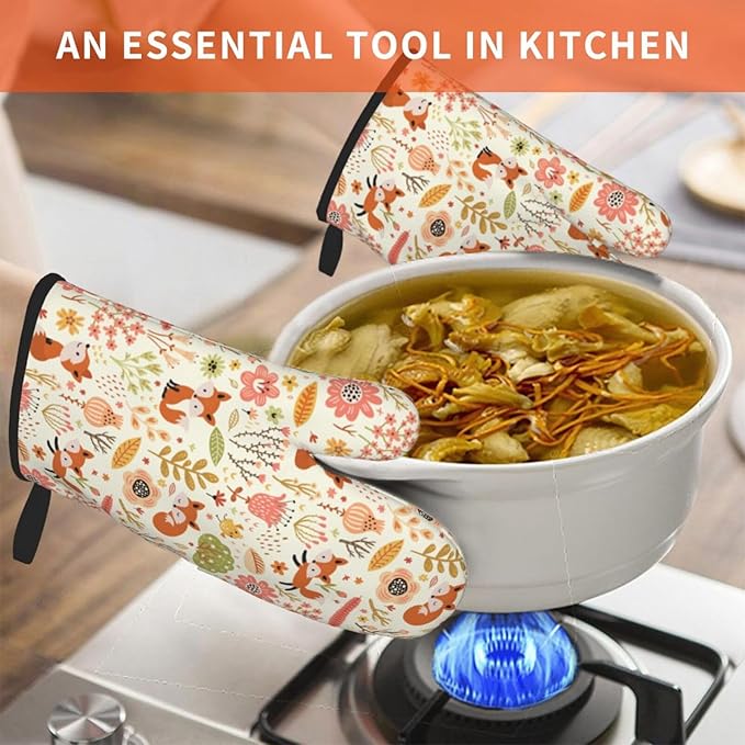 Cute Fox Pattern Oven Mitts of 2-Pack Set, Funny Kitchen Gloves Heat Resistant Non-Slip Kitchen Mitts Safe Cooking Baking Grilling