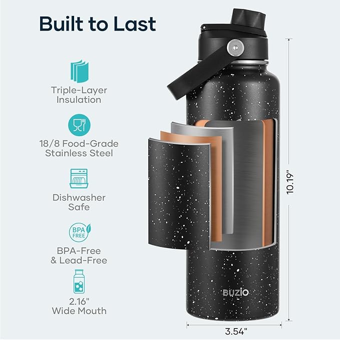 BUZIO 40 oz Insulated Water Bottle, Triple Wall Vacuum Stainless Steel Water Flask with 2 lids, Lead-Free BPA-Free Straw Lid Sports Canteen Jug, Cold 48H & Hot 24H, Starry Day & Night