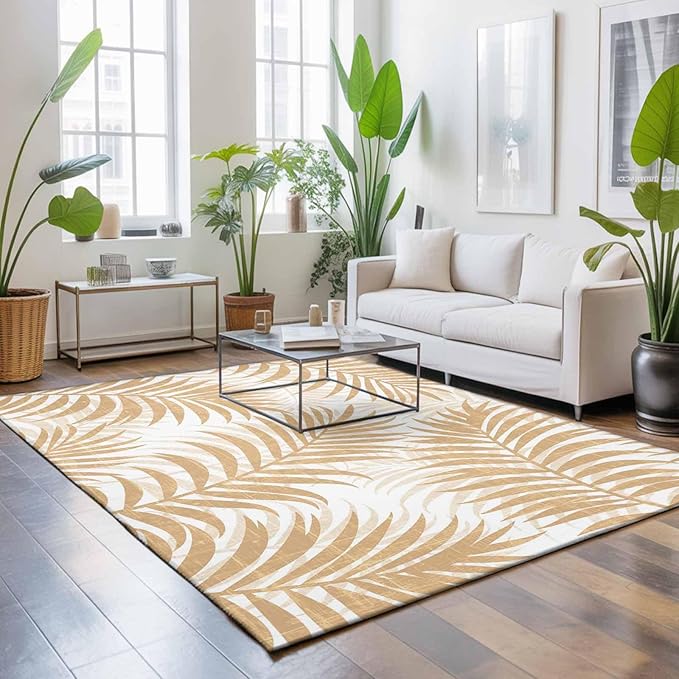 Area Rug 9x12ft, Summer Boho Palms Leaves Washable Rugs for Living Room Bedroom Rectangle Floor Carpet, Vintage Tropical Plants Soft Non-Slip Area Rugs for Dining Room
