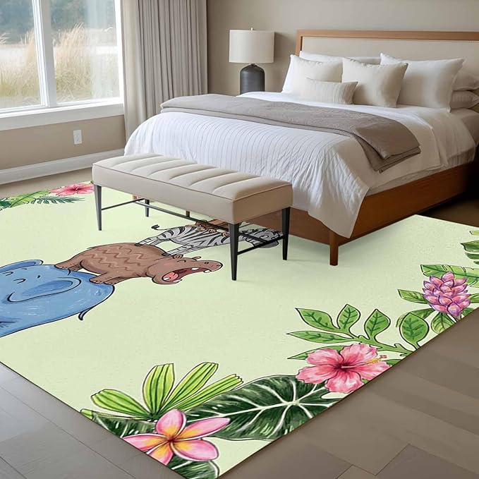 Area Rug 6x9ft, Funny Elephant Zebra Flamingo Washable Rugs for Living Room Bedroom, Tropical Leaves Floral Soft Non-Slip Area Rugs Rectangle Floor Carpet for Dining Room
