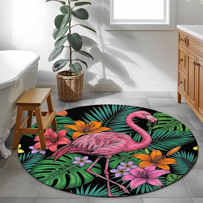 Washable Round Area Rug Pink Flamingos Tropical Leaf Circle Rugs Floor Carpet for Living Room Bedroom, Colorful Lily Blossom Floral Soft Non Slip Round Rug 3ft