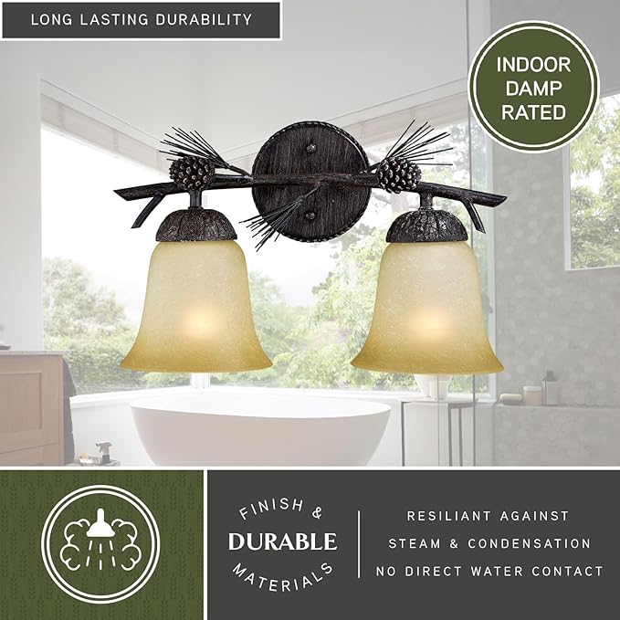 VAXCEL Sierra 2-Light 15 inch Wide Black Walnut Rustic Bathroom Vanity Lighting Fixture, Creme Cognac Glass Shade, Dimmable, LED Compatible, Pine Cone Motif, Reversible Wall Mounted Steel Sconce
