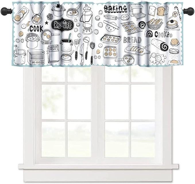 Kitchen Valance Curtain, Doodle Baking Cooking Tools Treats Food Short Window Treatment for Kitchen Dining Resturant Bedroom Home Decor, 54x18Inch