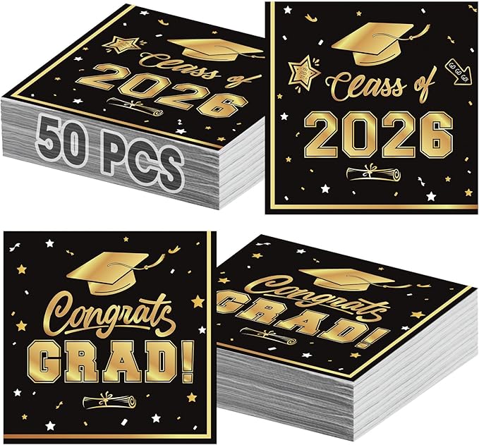 50 Pcs Graduation Napkins Decorations - Black Gold Class of 2026 Congrats GRAD 3-Ply Paper Cocktail Dinner Napkins Set for 2026 Graduation Party Supplies Table Decor Favors, 6.5 x 6.5 Inch