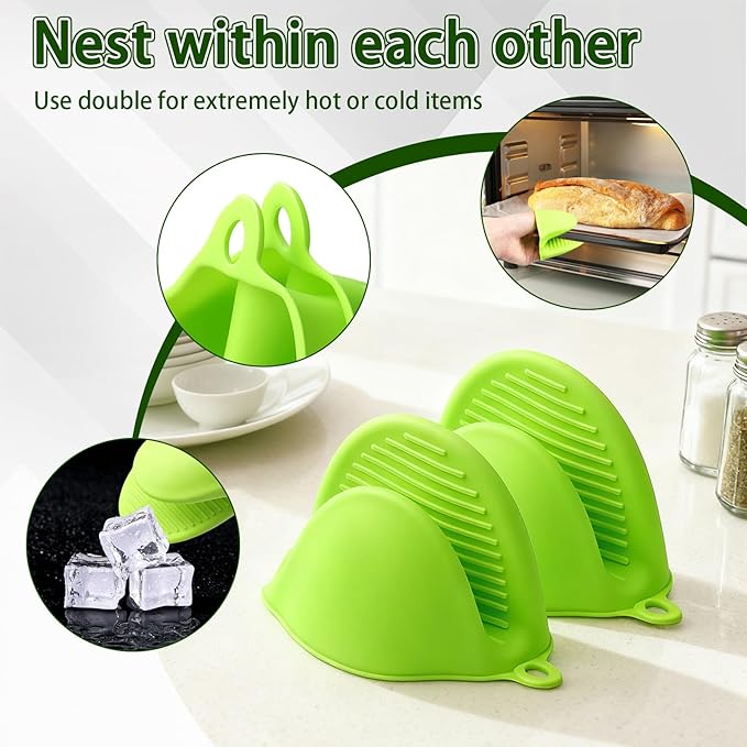 2PCS Silicone Oven Mitts - Heat Resistant Thick Potholders for Kitchen - Non-Slip Rubber Oven Glove Kitchen Mittens - Cute Pot Holders for Grill, Pizza Stone, Air Fryer, Dishwasher Safe Green