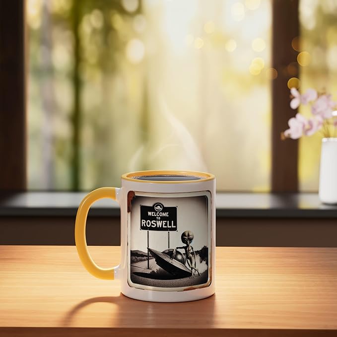 Vintage Alien UFO Crash At Roswell 1947 Photo Ceramic Mug, Yellow/White