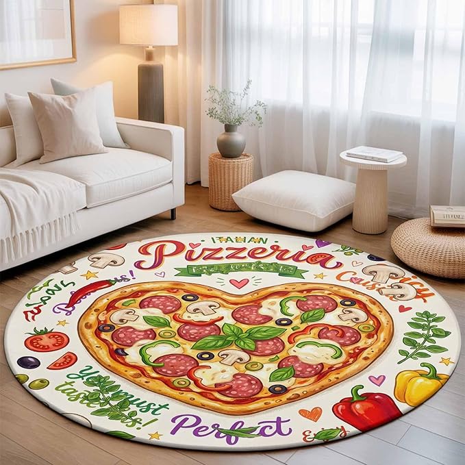 Washable Round Area Rug Cartoon Pizza Watercolor Graffiti Circle Rugs Floor Carpet for Living Room Bedroom, Farmhouse Vegetable Leaves Soft Non Slip Round Rug 5ft