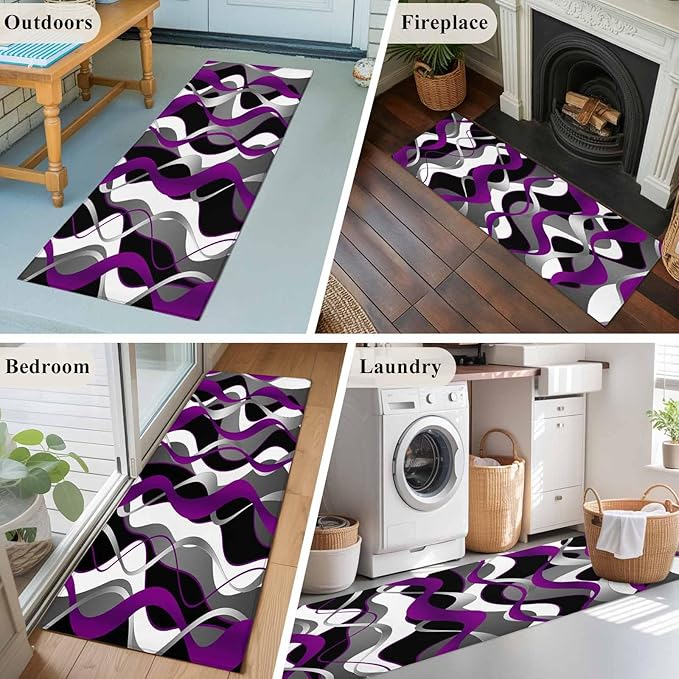 Runner Rug for Bedroom Hallway, Abstract Purple Gray Black White Stripes Kitchen Runner Rugs Area Rug 2x6ft, Modern Lines Washable Soft Floor Carpet for Entryway Stair