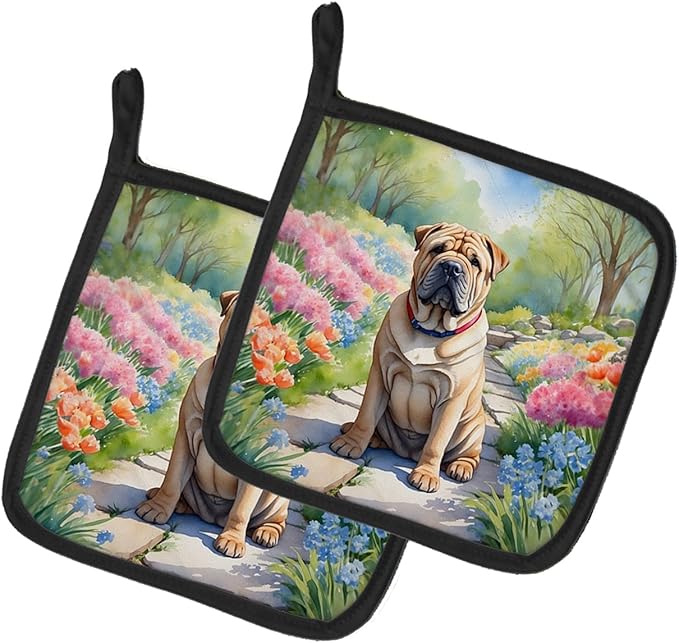 Caroline's Treasures Shar Pei Spring Path Pair of Pot Holders Kitchen Heat Resistant Pot Holders Sets Oven Hot Pads for Cooking Baking BBQ, 7 1/2 x 7 1/2