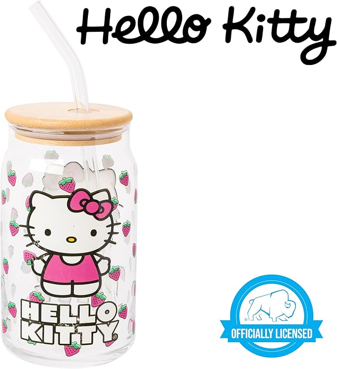 Silver Buffalo Sanrio Hello Kitty Strawberry Glass Jar Tumbler with Bamboo Lid and Glass Straw,16 Ounces,(Pack of 12)