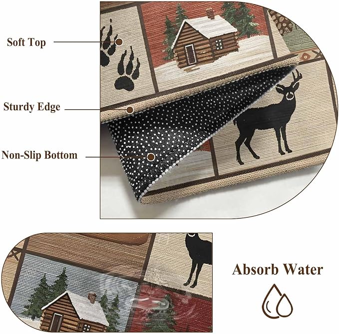 Runner Rug for Bedroom Hallway, Vintage Bear Forest Deer Fish Village Kitchen Runner Rugs Area Rug 2x6ft, Retro Wildlife Themes Washable Soft Floor Carpet for Entryway Stair