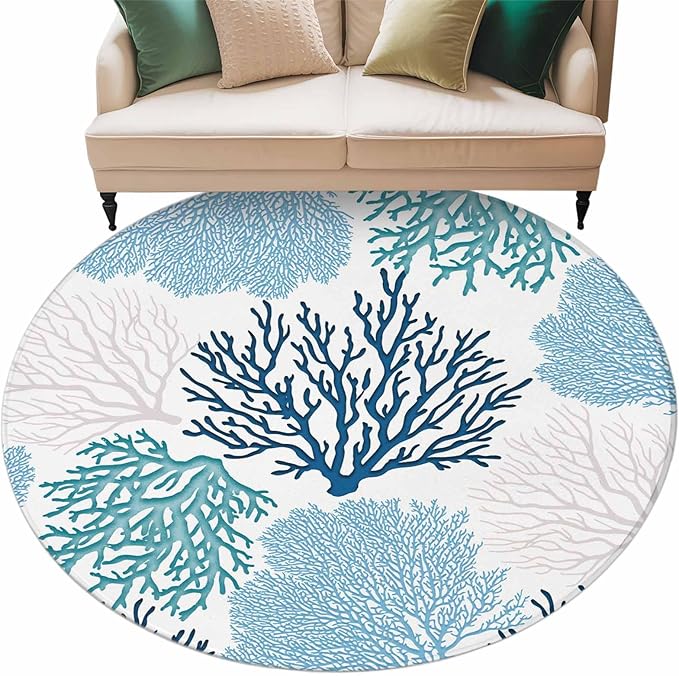 Washable Round Area Rug Classic Sea Blue Coral Circle Rugs Floor Carpet for Living Room Bedroom, Abstract Marine Life Scenery Soft Non Slip Round Rug 5ft