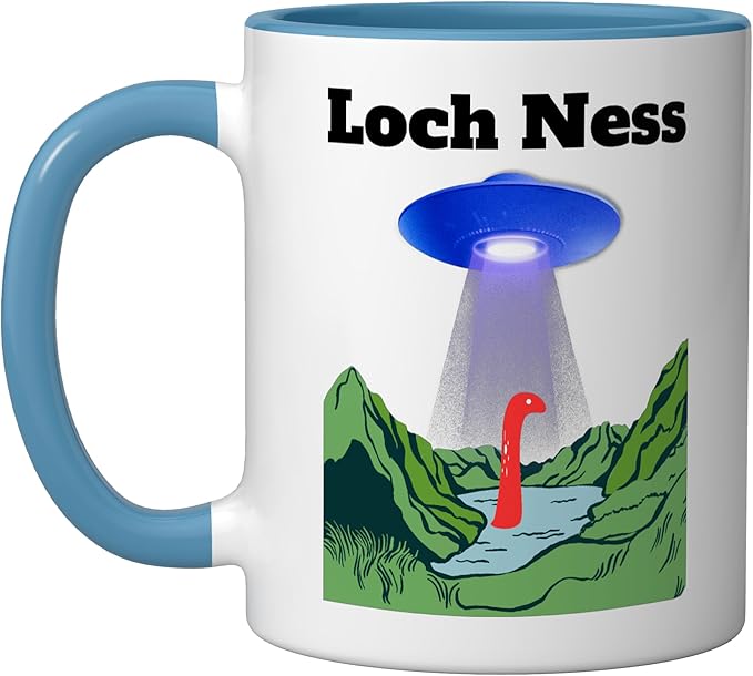 Funny UFO Loch Ness flying saucer Monster Nessie Scotland Ceramic Mug, Blue/White