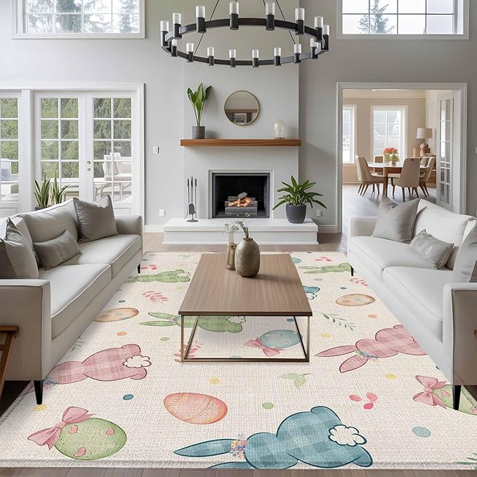 Area Rug 6x9ft, Happy Easter Cute Plaid Bunny Washable Rugs for Living Room Bedroom, Colorful Egg Leaves Farm Linen Soft Non-Slip Area Rugs Rectangle Floor Carpet for Dining Room