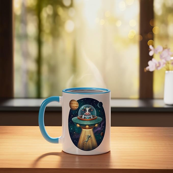Fuuny Cow Astronaut UFO Abducting Alien Space Farm Ceramic Mug, Blue/White