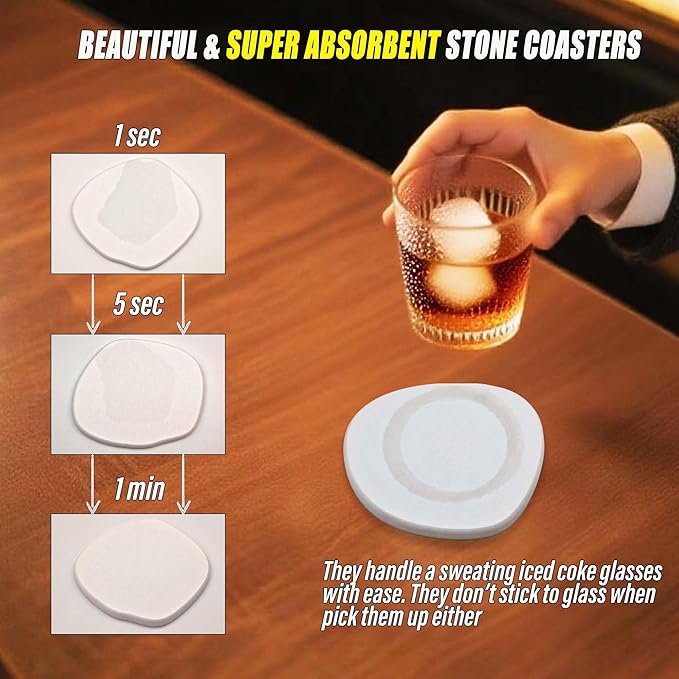 Diatomite Coasters Set of 6 | Absorbent Coasters for Drinks Cute Modern Unique Aesthetic Stone Coaster for Desks Coffee Table Instant Drying with 24 Removable Scratch Protection Pads - White
