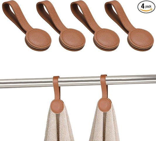 uxcell 4 Pcs Kitchen Magnetic Towel Clips, Leather Towel Holder Clip Multi-Purpose Hand Hooks Kitchen Accessories for Oven Handles Bars Racks, Brown