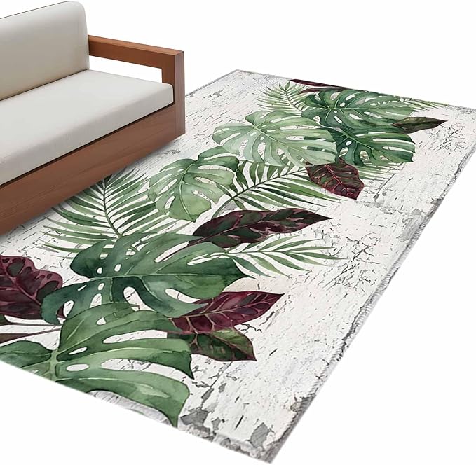 Area Rug 3x5ft, Summer Green Monstera Palm Leaves Washable Rugs for Living Room Bedroom, Vintage Botantical Soft Non-Slip Area Rugs Rectangle Floor Carpet for Dining Room