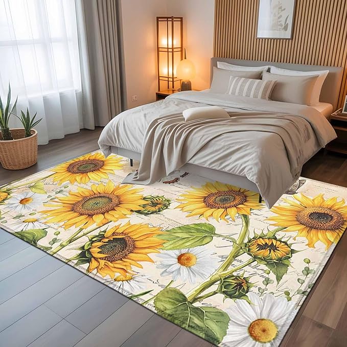 Sunflower Farmhouse 5x8 Area Rugs, Retro Floral Butterflies Non-Skid Rubber Backing Large Rectangle Rugs - Living Room Bedroom Home Office, Spring Summer Indoor Floor Mat Carpets Washable Rug