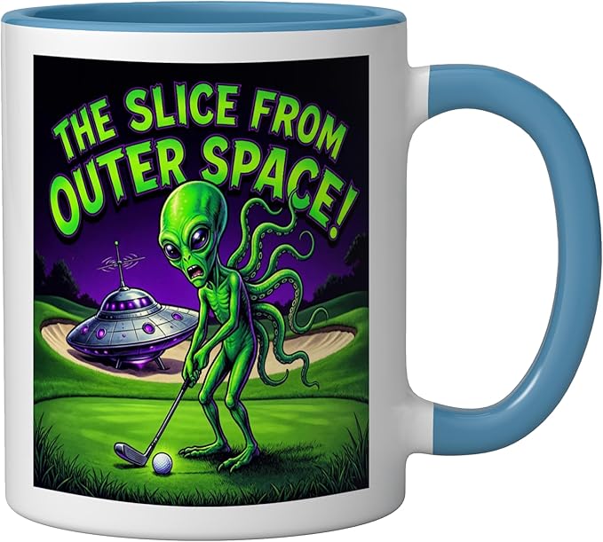 Funny Golfing Alien The Slice From Outer Space Retro UFO Ceramic Mug, Blue/White