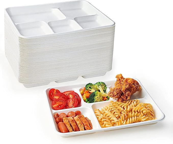 100 Pack - 100% Non Plastics 5 Compartment Paper Plates, Disposable School Lunch Trays, Eco-Friendly Bagasse Plates for School Lunch, Buffet, and Party