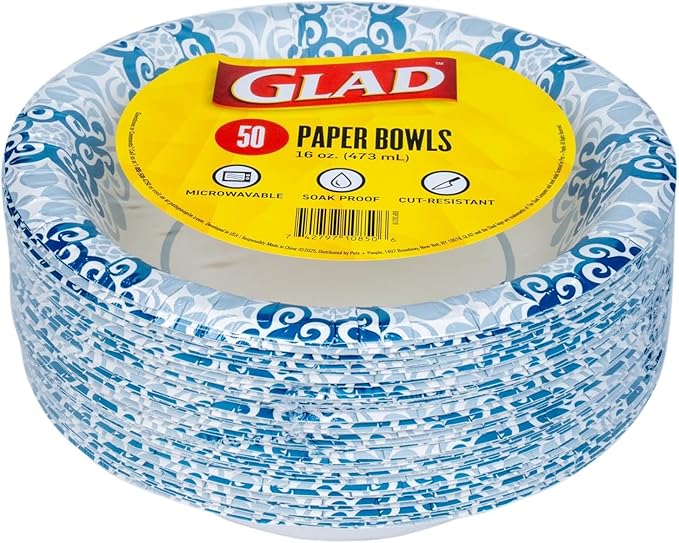 Glad Round Disposable Paper Bowls, Blue Victorian Design - Heavy Duty, Soak-Proof, Cut-Resistant, Microwavable Paper Bowls for All Foods and Daily Use, 16 oz, 50 Count - 6 Pack