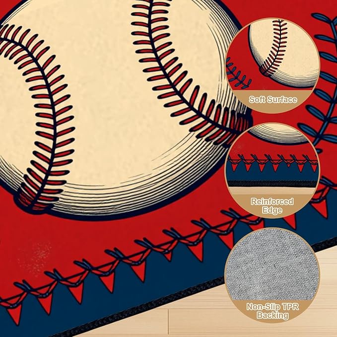 10x14 Area Rugs for Bedroom Boho Washable Man Cave Rug for Living Room Vintage Baseball Stitched Laces Red Sports Soft Rubber Backed Non-Slip Large Carpets for Boys