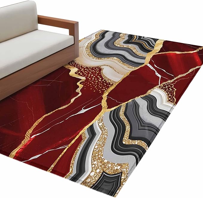 Area Rug 3x5ft, Abstract Flowing Marble Fluid Art Washable Rugs for Living Room Bedroom, Red and Gold Lines Soft Non-Slip Area Rugs Rectangle Floor Carpet for Dining Room